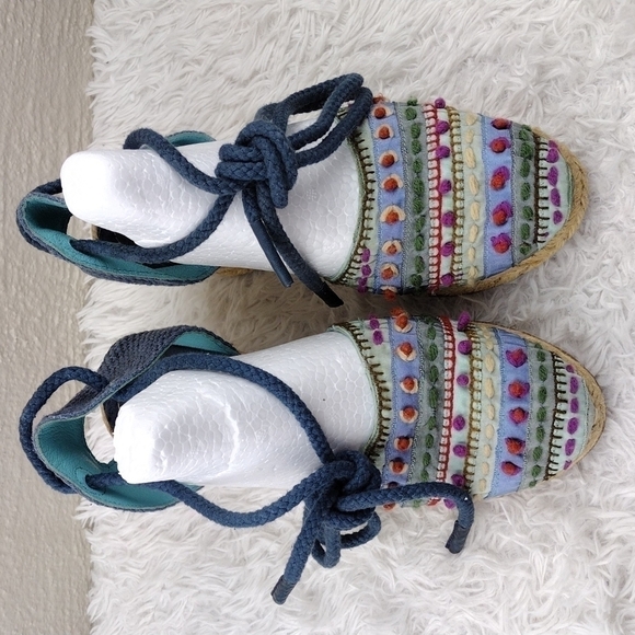 Apepazza Blue Fabric Upper Closed Toe Lace Up Gladiator Wedged Heel Espadrilles - Picture 2 of 16